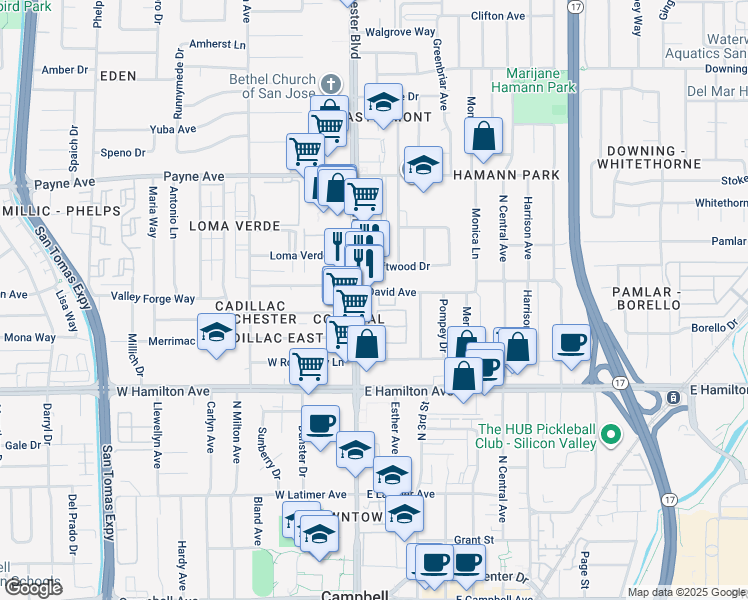 map of restaurants, bars, coffee shops, grocery stores, and more near 3080 David Avenue in San Jose