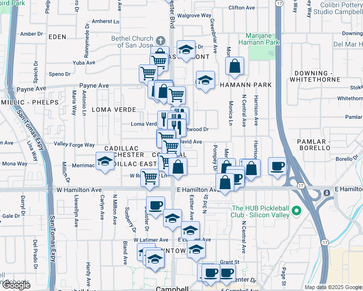 map of restaurants, bars, coffee shops, grocery stores, and more near 3080 David Avenue in San Jose