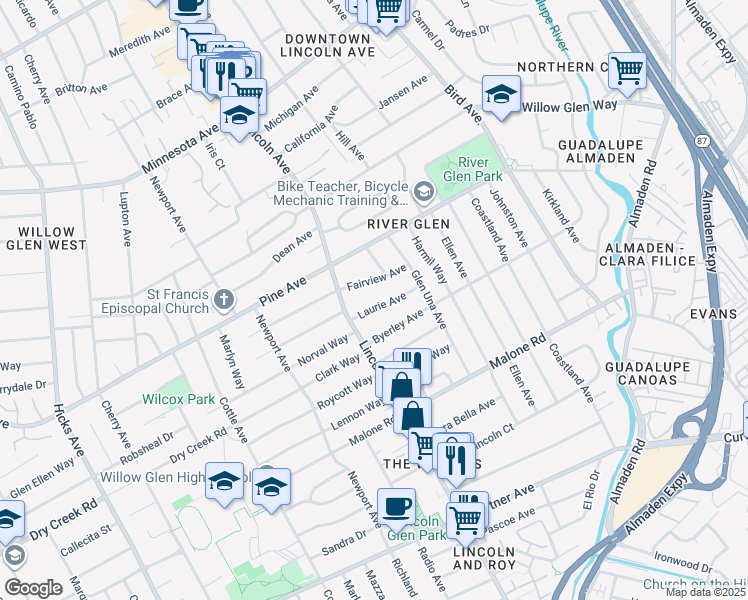 map of restaurants, bars, coffee shops, grocery stores, and more near 1061 Laurie Avenue in San Jose