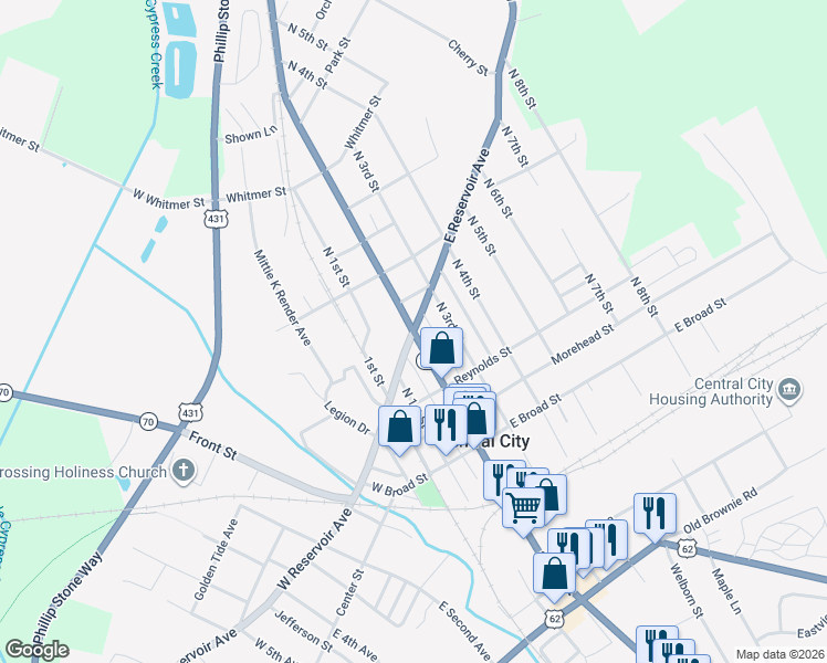map of restaurants, bars, coffee shops, grocery stores, and more near 130 East Reservoir Avenue in Central City