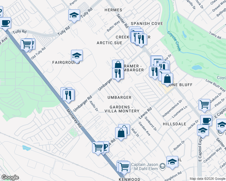 map of restaurants, bars, coffee shops, grocery stores, and more near 270 Umbarger Road in San Jose
