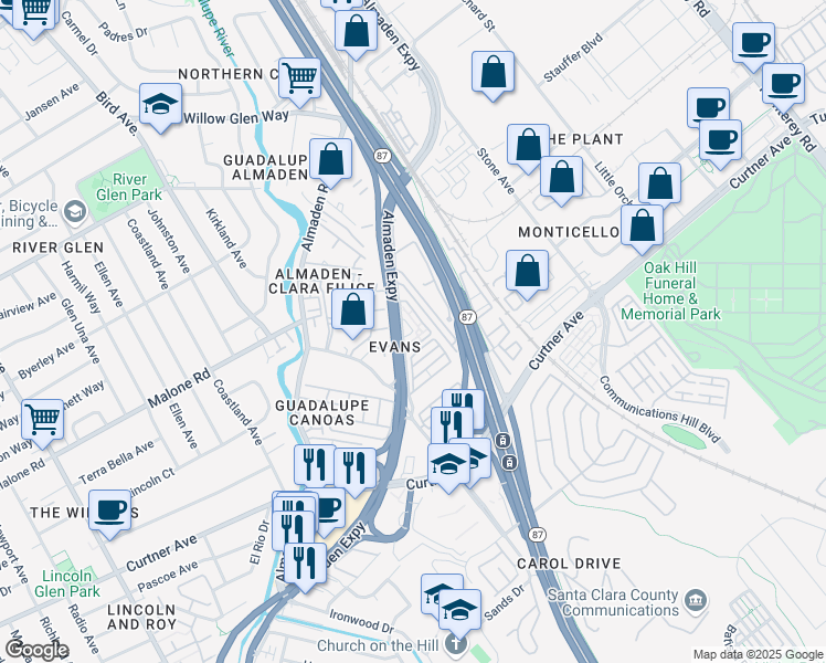map of restaurants, bars, coffee shops, grocery stores, and more near 2036 Evans Lane in San Jose