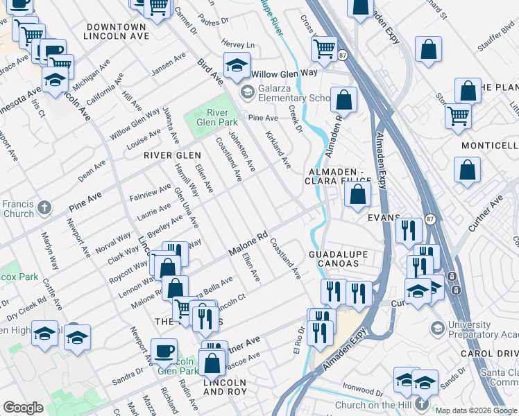 map of restaurants, bars, coffee shops, grocery stores, and more near 1981 Johnston Avenue in San Jose