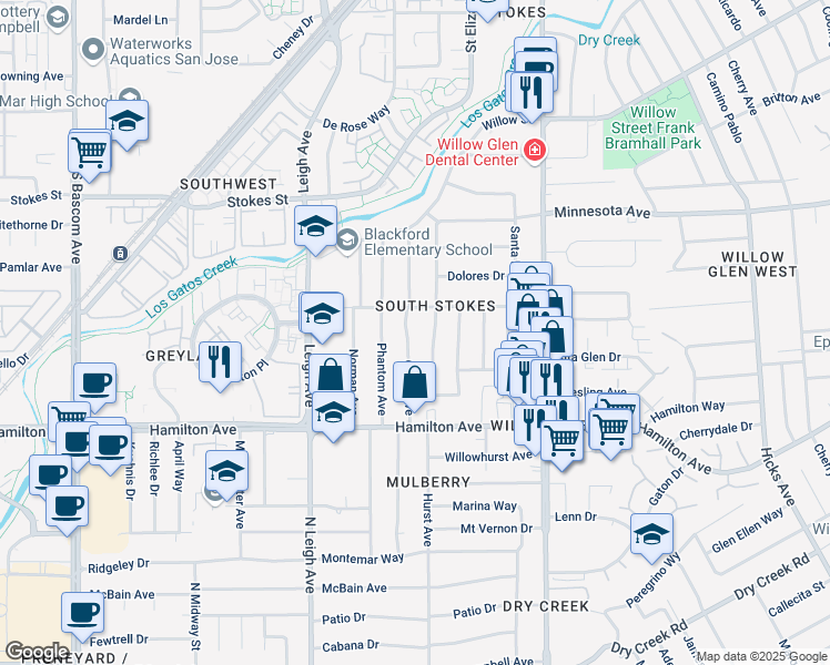 map of restaurants, bars, coffee shops, grocery stores, and more near 1512 Grace Avenue in San Jose