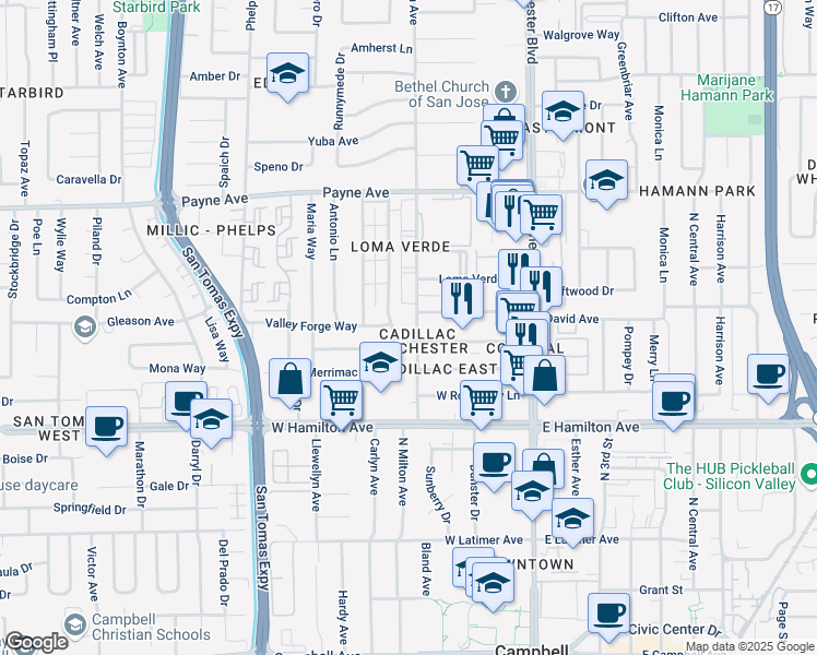 map of restaurants, bars, coffee shops, grocery stores, and more near 1483 Eden Avenue in San Jose
