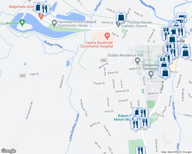 map of restaurants, bars, coffee shops, grocery stores, and more near 405 4th Avenue in Farmville