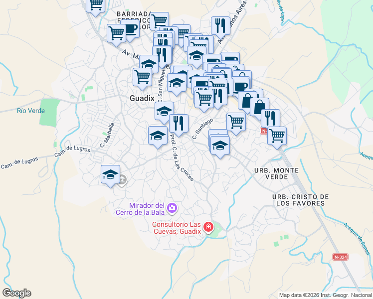 map of restaurants, bars, coffee shops, grocery stores, and more near 8 Callejón la Cruz in Guadix