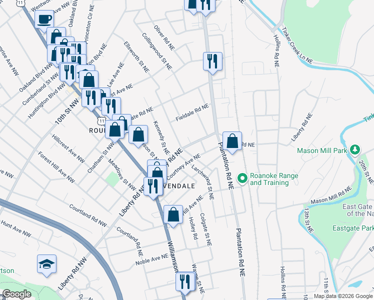 map of restaurants, bars, coffee shops, grocery stores, and more near 403 Liberty Road Northeast in Roanoke