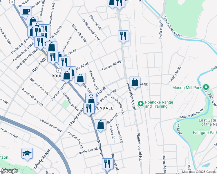 map of restaurants, bars, coffee shops, grocery stores, and more near 403 Liberty Road Northeast in Roanoke