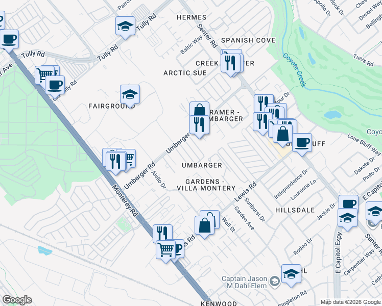 map of restaurants, bars, coffee shops, grocery stores, and more near 270 Umbarger Road in San Jose