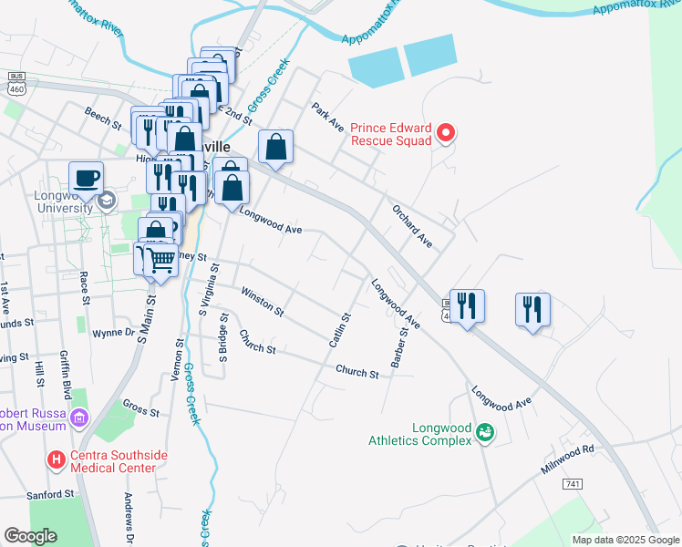 map of restaurants, bars, coffee shops, grocery stores, and more near 605 Walnut Street in Farmville