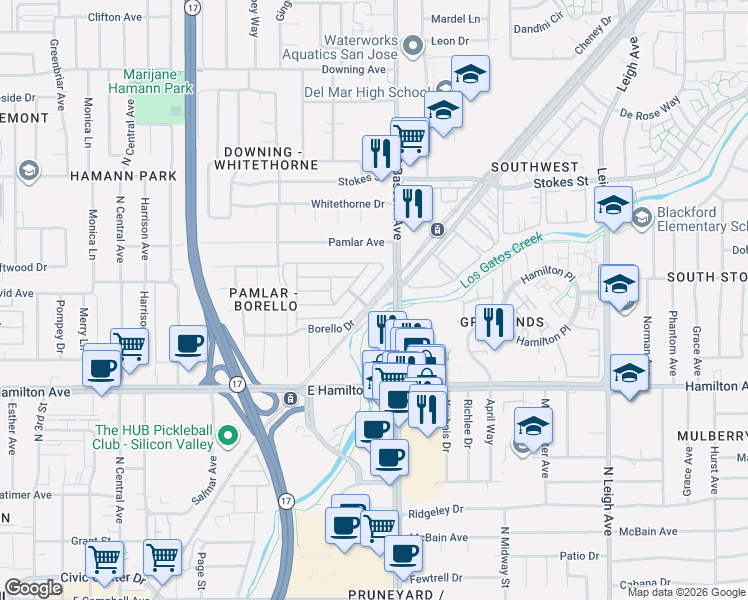 map of restaurants, bars, coffee shops, grocery stores, and more near 21 Quail Hollow Drive in San Jose