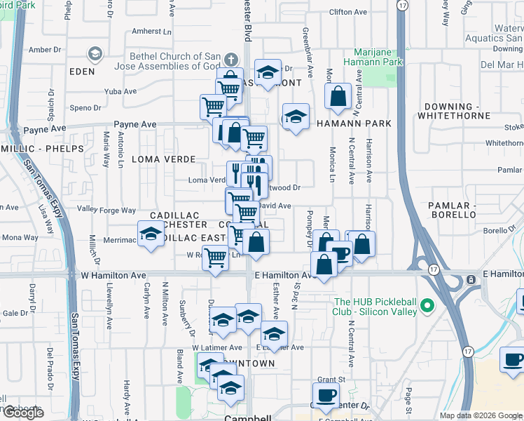 map of restaurants, bars, coffee shops, grocery stores, and more near 3080 David Avenue in San Jose