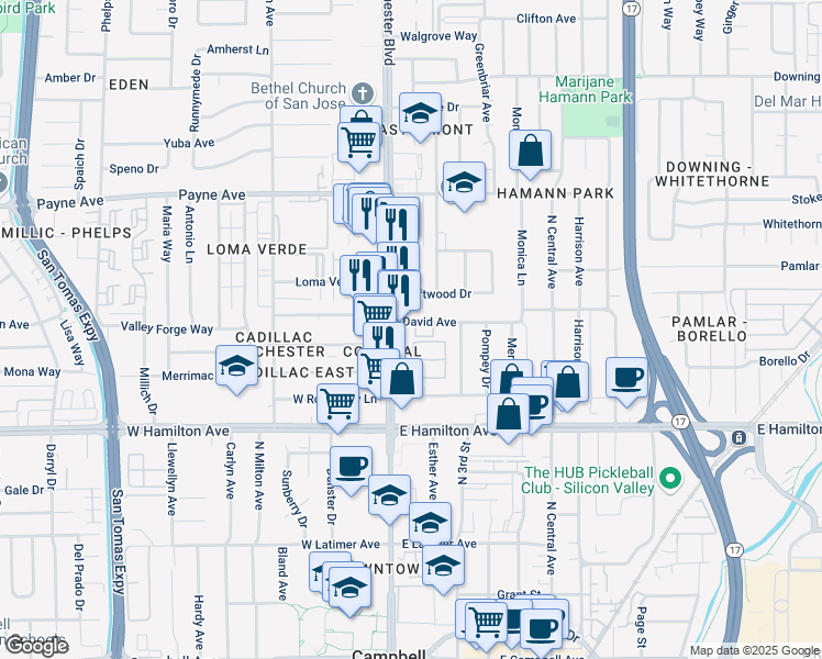 map of restaurants, bars, coffee shops, grocery stores, and more near 3080 David Avenue in San Jose