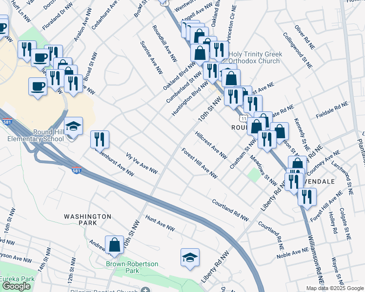 map of restaurants, bars, coffee shops, grocery stores, and more near 2503 10th Street Northwest in Roanoke