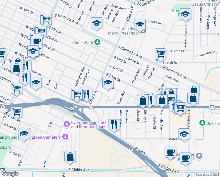 map of restaurants, bars, coffee shops, grocery stores, and more near 900 East 20th Street in Merced