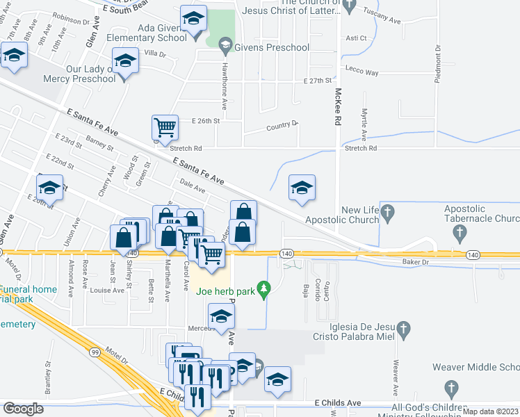 map of restaurants, bars, coffee shops, grocery stores, and more near 2420 Edwards Avenue in Merced