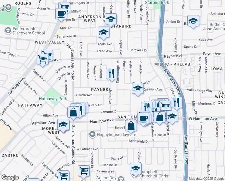map of restaurants, bars, coffee shops, grocery stores, and more near 1458 Clarita Avenue in San Jose
