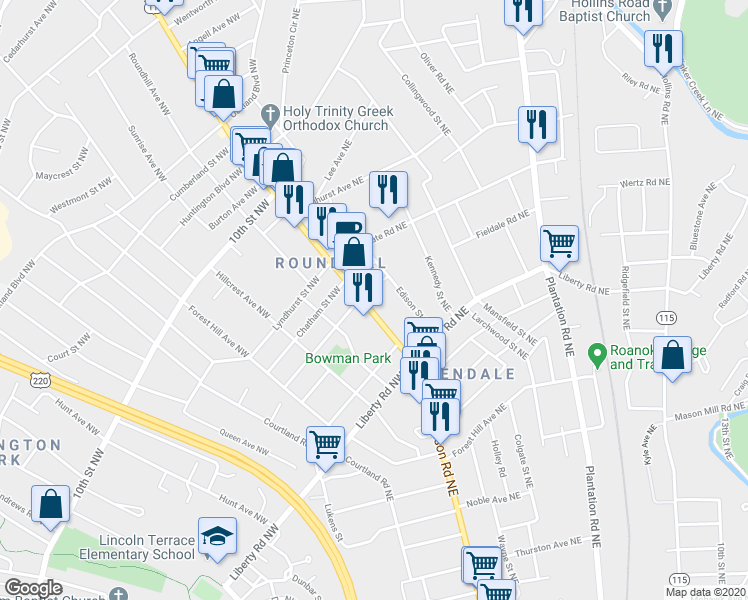 map of restaurants, bars, coffee shops, grocery stores, and more near 2813 Williamson Road in Roanoke