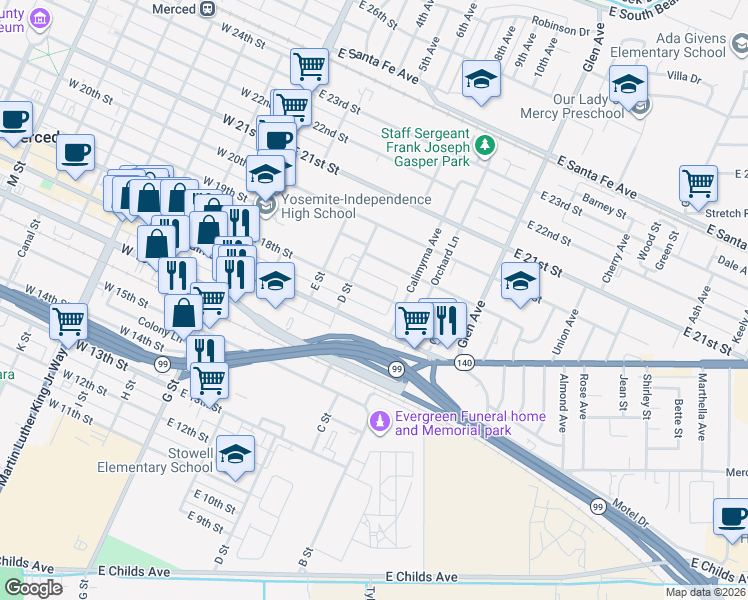 map of restaurants, bars, coffee shops, grocery stores, and more near 370 East 18th Street in Merced
