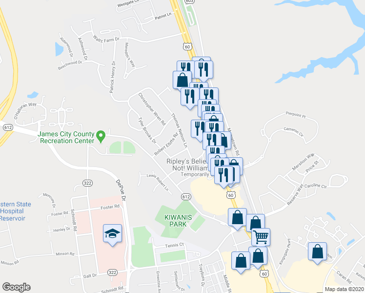 map of restaurants, bars, coffee shops, grocery stores, and more near 207 Thomas Nelson Lane in Williamsburg