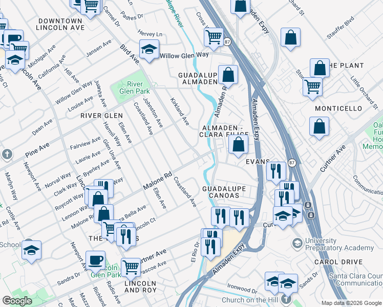 map of restaurants, bars, coffee shops, grocery stores, and more near 2025 Bird Avenue in San Jose