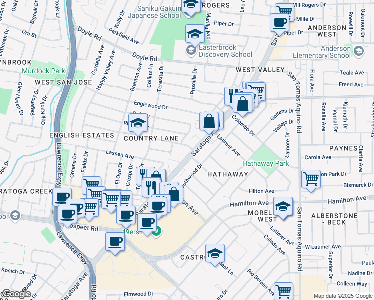 map of restaurants, bars, coffee shops, grocery stores, and more near 4760 Country Lane in San Jose