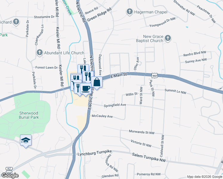 map of restaurants, bars, coffee shops, grocery stores, and more near 46 Frantz Street in Salem