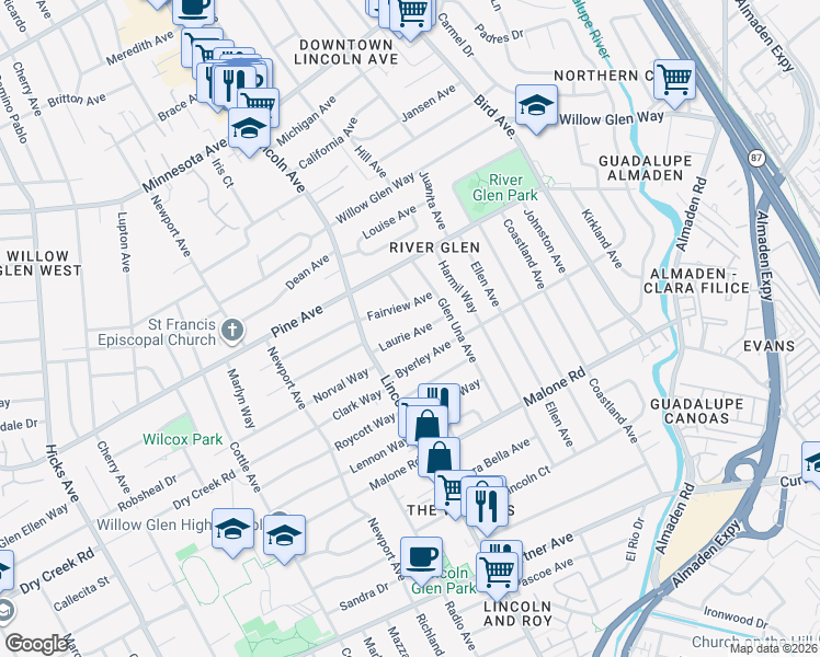 map of restaurants, bars, coffee shops, grocery stores, and more near 1045 Laurie Avenue in San Jose