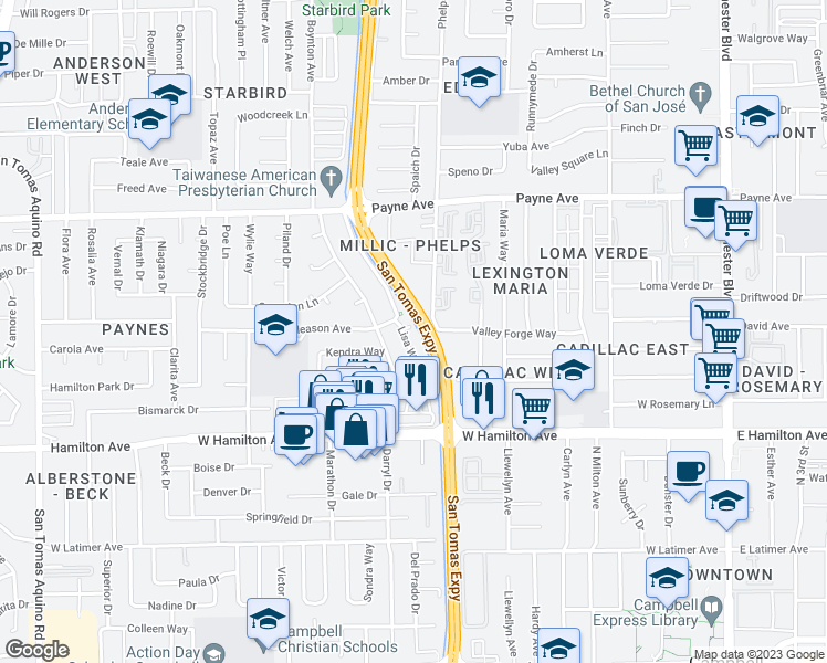 map of restaurants, bars, coffee shops, grocery stores, and more near 634 Lisa Way in Campbell