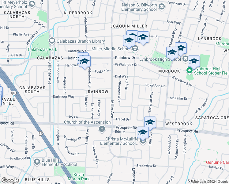 map of restaurants, bars, coffee shops, grocery stores, and more near 1464 Miller Avenue in San Jose