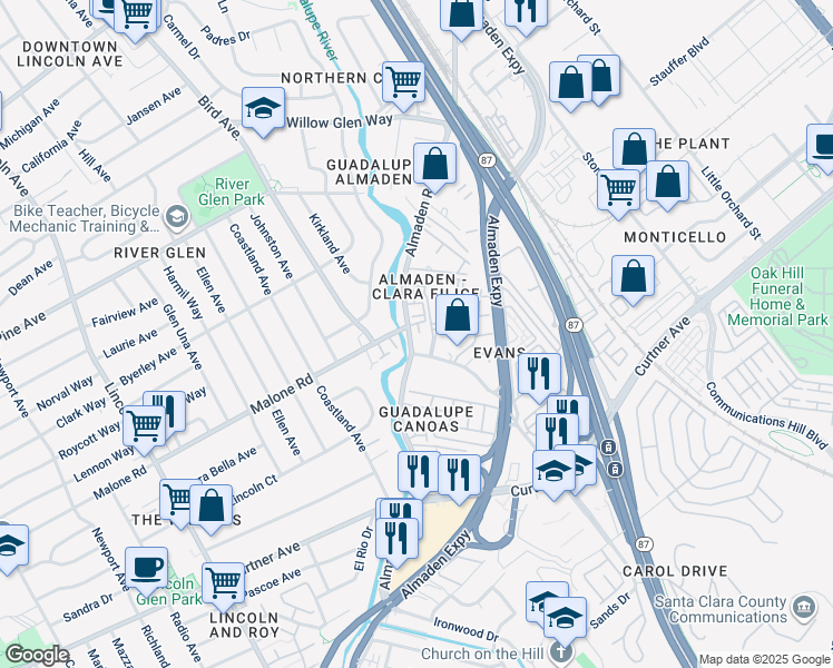 map of restaurants, bars, coffee shops, grocery stores, and more near 2070 Almaden Road in San Jose