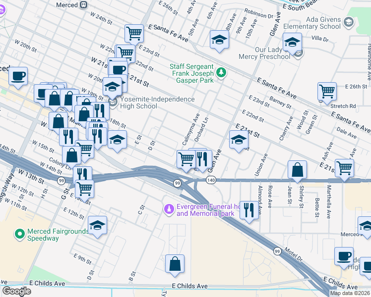 map of restaurants, bars, coffee shops, grocery stores, and more near 1830 Calimyrna Avenue in Merced