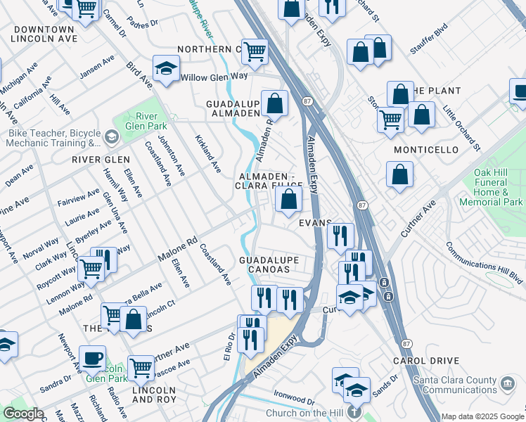 map of restaurants, bars, coffee shops, grocery stores, and more near 2070 Almaden Road in San Jose