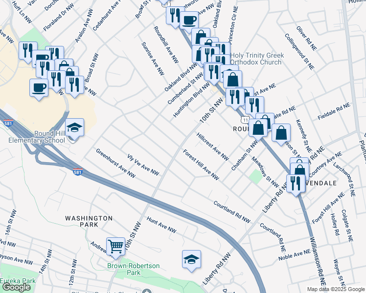 map of restaurants, bars, coffee shops, grocery stores, and more near 2503 10th Street Northwest in Roanoke