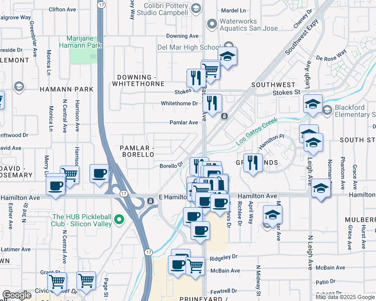 map of restaurants, bars, coffee shops, grocery stores, and more near 118 Quail Hollow Drive in San Jose
