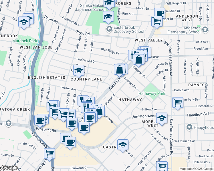 map of restaurants, bars, coffee shops, grocery stores, and more near 1431 Country Lane in San Jose