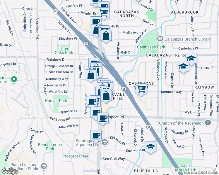 map of restaurants, bars, coffee shops, grocery stores, and more near 1476 Sharon Manor Court in San Jose