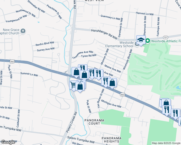 map of restaurants, bars, coffee shops, grocery stores, and more near 4127 Virginia Avenue Northwest in Roanoke