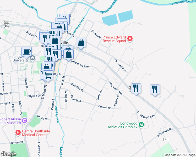 map of restaurants, bars, coffee shops, grocery stores, and more near 201 Laurel Street in Farmville