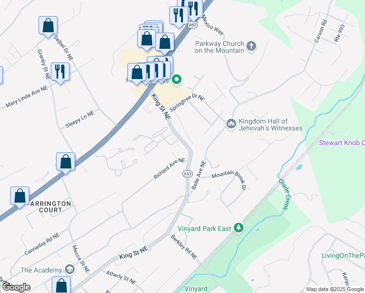 map of restaurants, bars, coffee shops, grocery stores, and more near 3334 King Street Northeast in Roanoke
