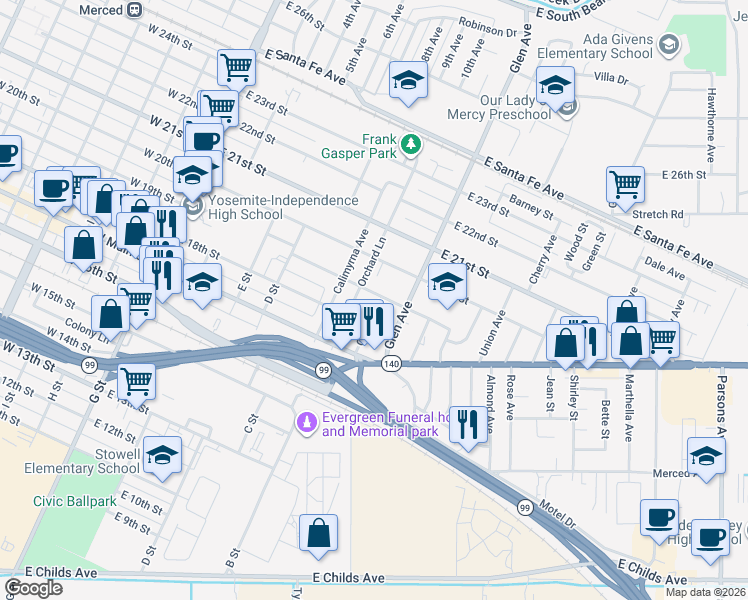 map of restaurants, bars, coffee shops, grocery stores, and more near 598 East 19th Street in Merced
