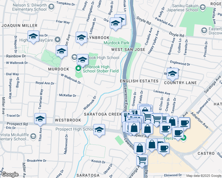 map of restaurants, bars, coffee shops, grocery stores, and more near 1390 Oak Knoll Drive in San Jose
