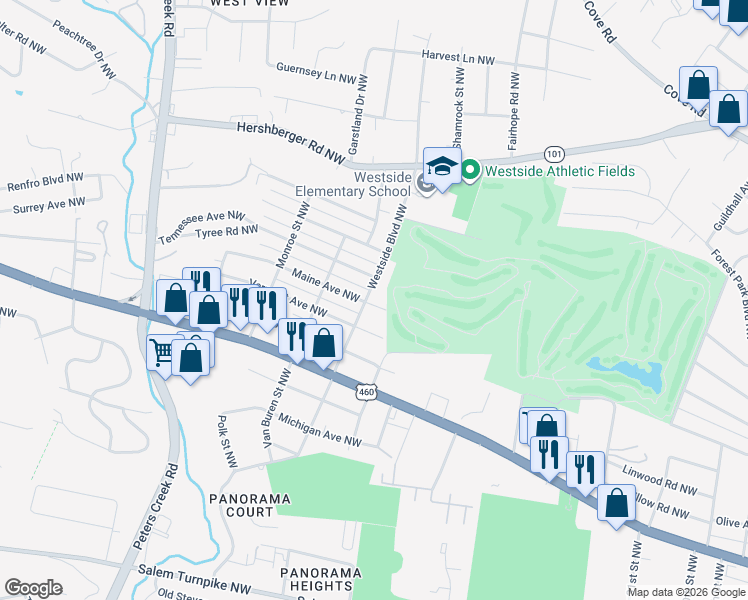 map of restaurants, bars, coffee shops, grocery stores, and more near 1227 Westside Boulevard Northwest in Roanoke
