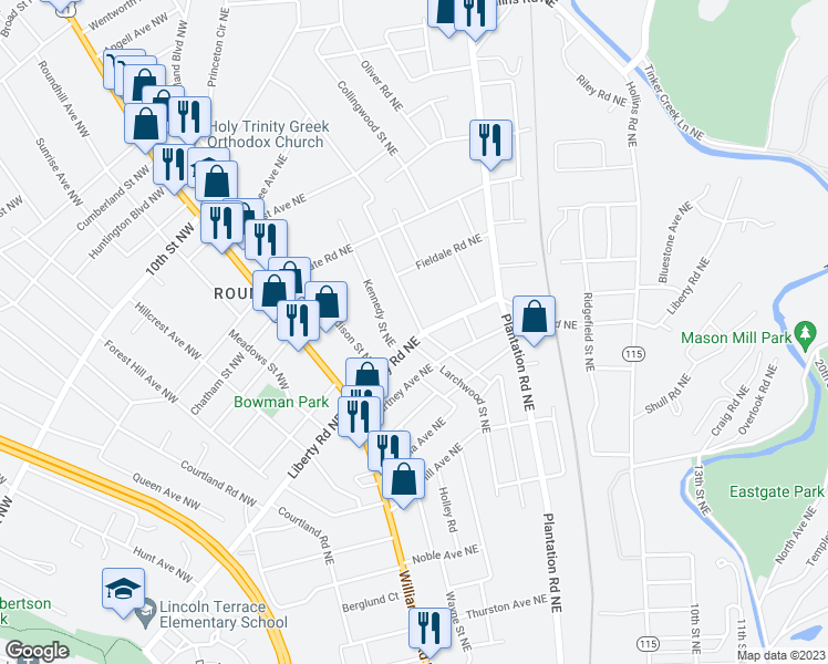 map of restaurants, bars, coffee shops, grocery stores, and more near 322 Liberty Road Northeast in Roanoke