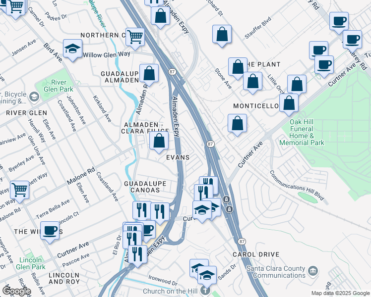 map of restaurants, bars, coffee shops, grocery stores, and more near 2036 Evans Lane in San Jose
