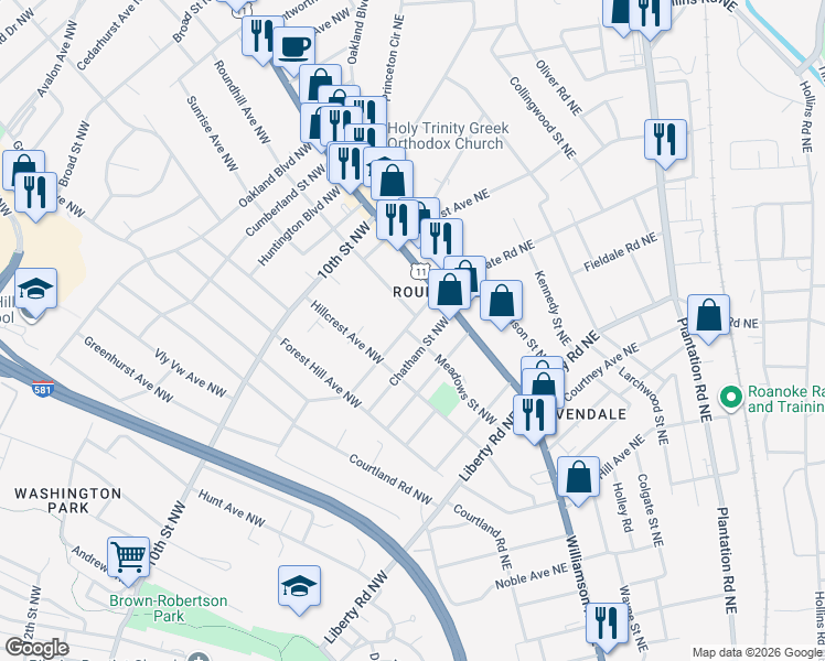 map of restaurants, bars, coffee shops, grocery stores, and more near 2703 Lyndhurst Street Northwest in Roanoke