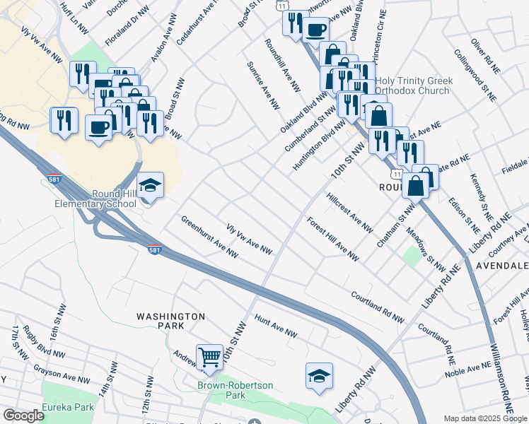 map of restaurants, bars, coffee shops, grocery stores, and more near 3408 Greenland Avenue Northwest in Roanoke