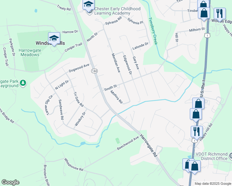 map of restaurants, bars, coffee shops, grocery stores, and more near 3400 Celanco Court in Chester