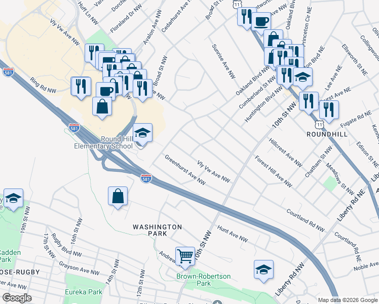 map of restaurants, bars, coffee shops, grocery stores, and more near 3503 Valley View Avenue Northwest in Roanoke